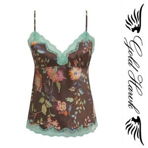 Gold Hawk 100% Silk Floral Camisole with Lace Trim & Beaded Details NWT Small